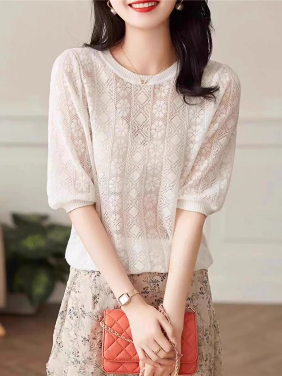 European goods new hollow thin short-sleeved knitwear women\'s summer loose temperament round neck half-sleeved T-shirt