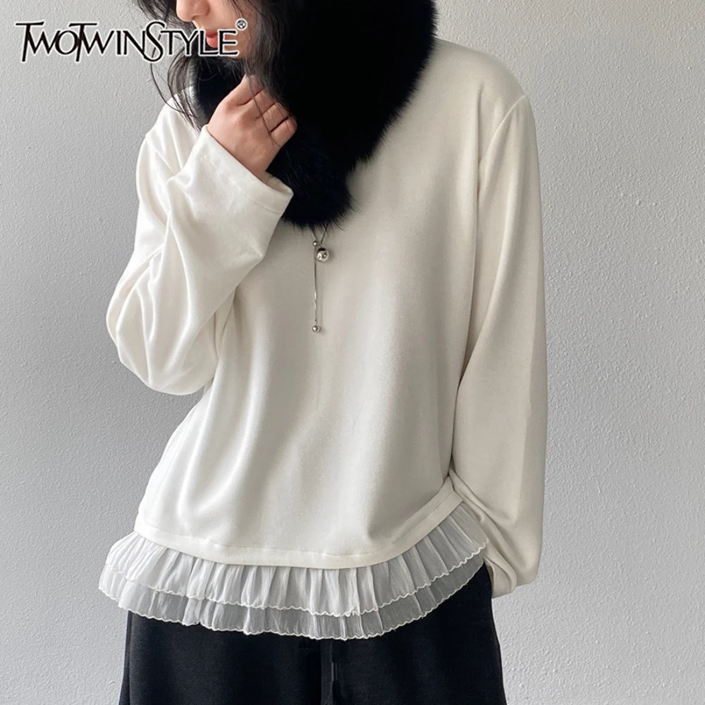 

TWOTWINSTYLE Solid Spliced Ruffles Korean T Shirt Female O Neck Long Sleeve Loose Minimalist Casual Women's T Shirts Autumn New