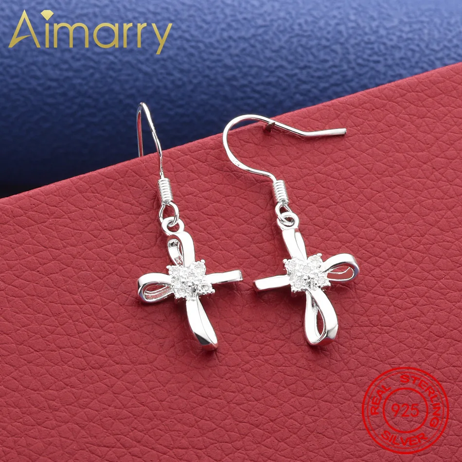 

Top 925 Sterling Silver Earrings Zircon Bow Cross Drop Earrings Jewelry Fashion Party and Daily Wear