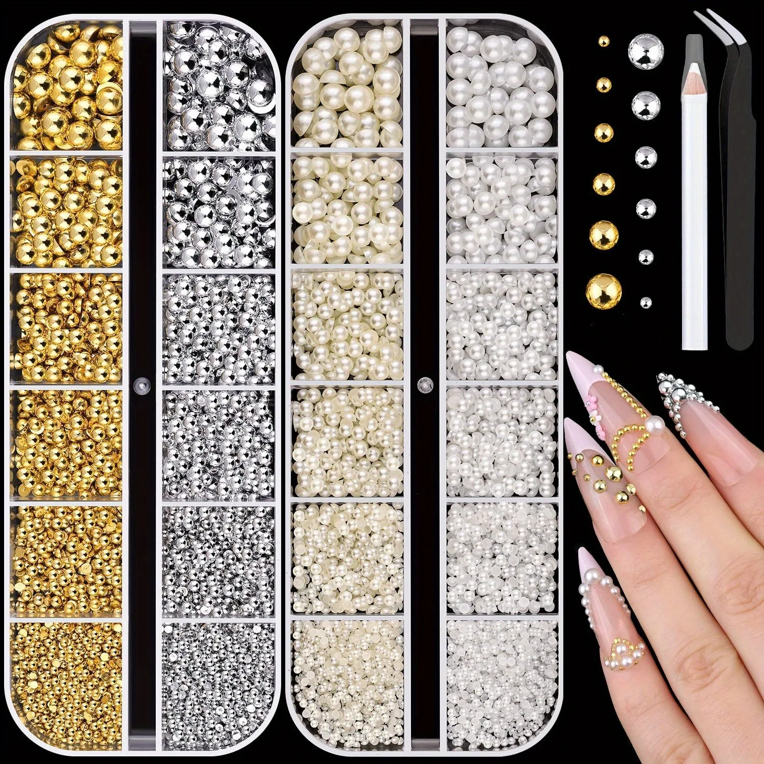 4 unids/lote de perlas planas, accesorios de aleación para uñas, decoraciones, media perla, piezas de joyería para uñas, adornos DIY, herramienta de manicura, diamantes de imitación