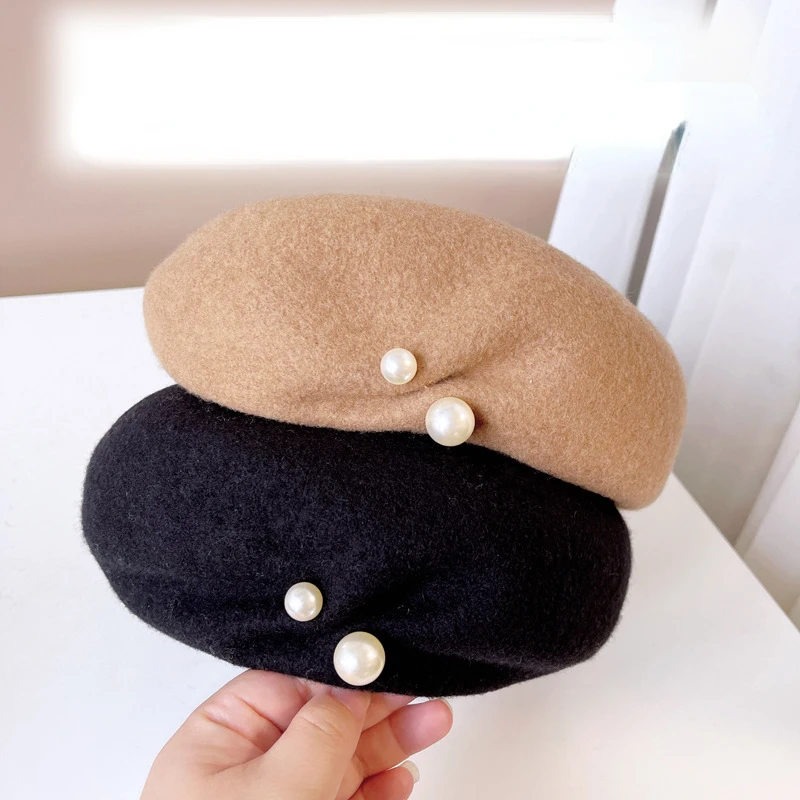 Original high-end Australian wool beret for women Autumn-Winter Warm French pearl button bud hat chic chic painter hat