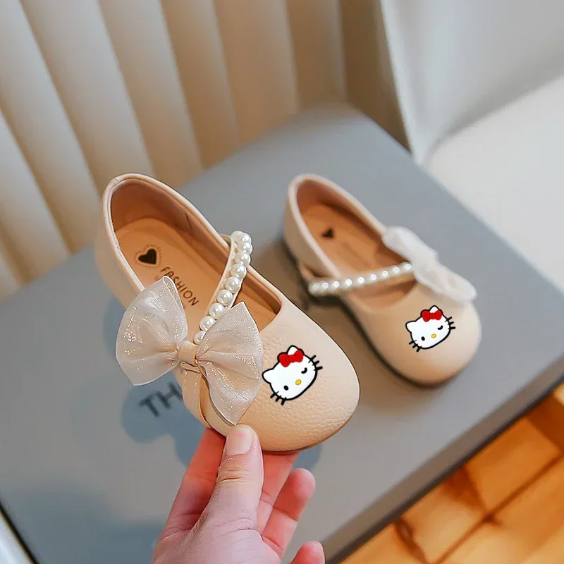 Sanrio hello kitty niñas zapatos de cuero primavera y otoño blanco nuevo perla niñas sandalias de bebé niños muestran zapatos de princesa