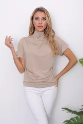 2024 Large Women's Half High Neck Bat Sleeve Top Solid Color Polyester Cotton Loose Short Sleeve T-shirt for Women Leisure style