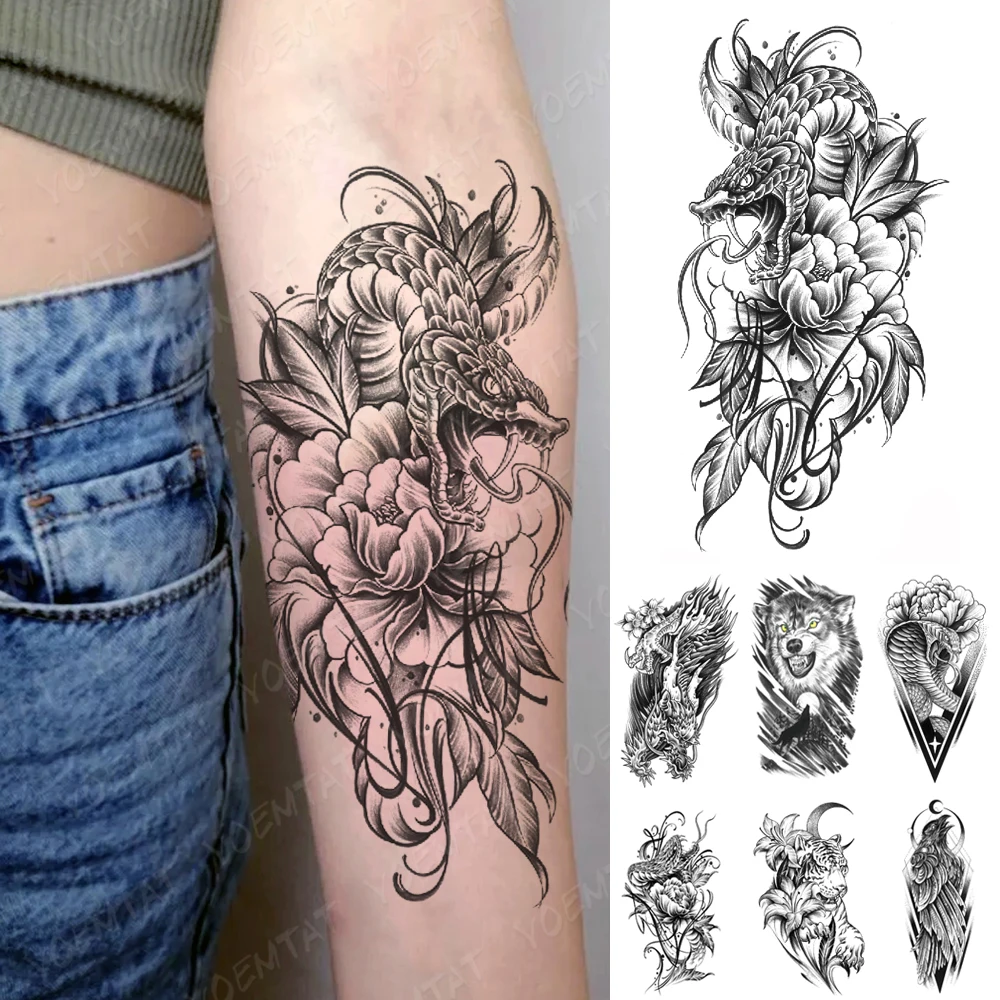 

Waterproof Temporary Tattoo Sticker Snake Peony Rose Dragon Wolf Flash Tattoos For Women Men Body Art Full Arm Back Fake Tatoo