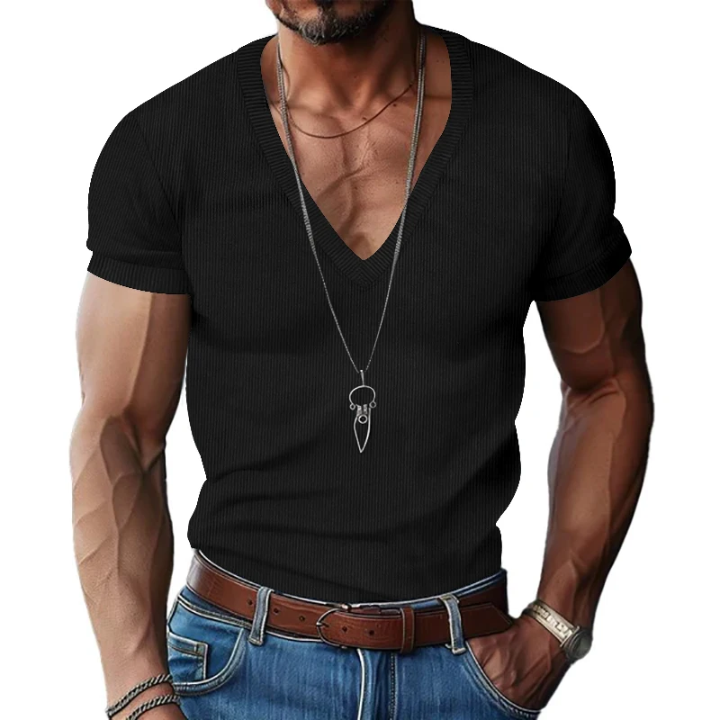 Men's corduroy T European and American summer men's clothing V-neck solid color slim fit casual T-shirt short sleeved top image 4