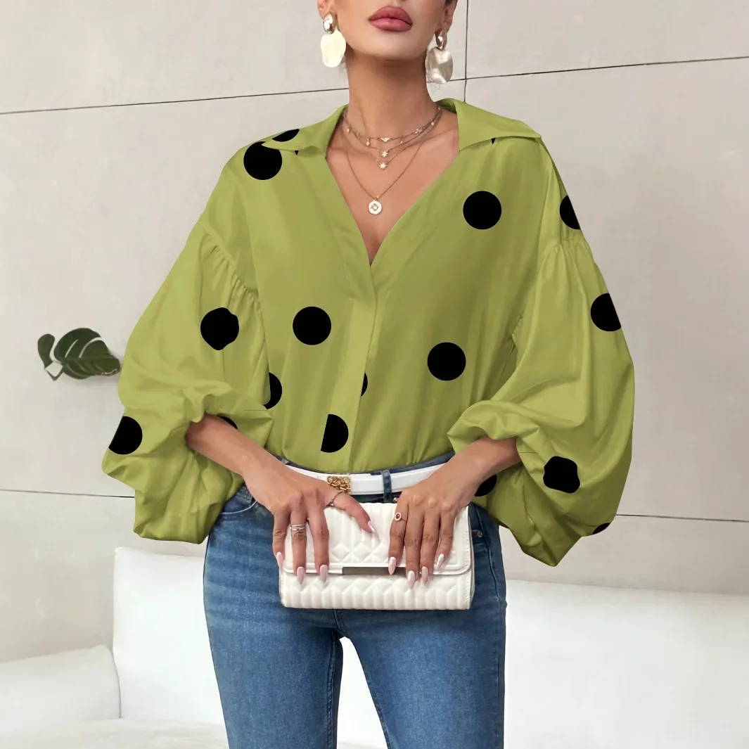 

Vintage Polka Dot Print Blouse Women New Lapel Puff Long Sleeve Loose Casual Shirt Tops Fashion Spring Summer Clothes