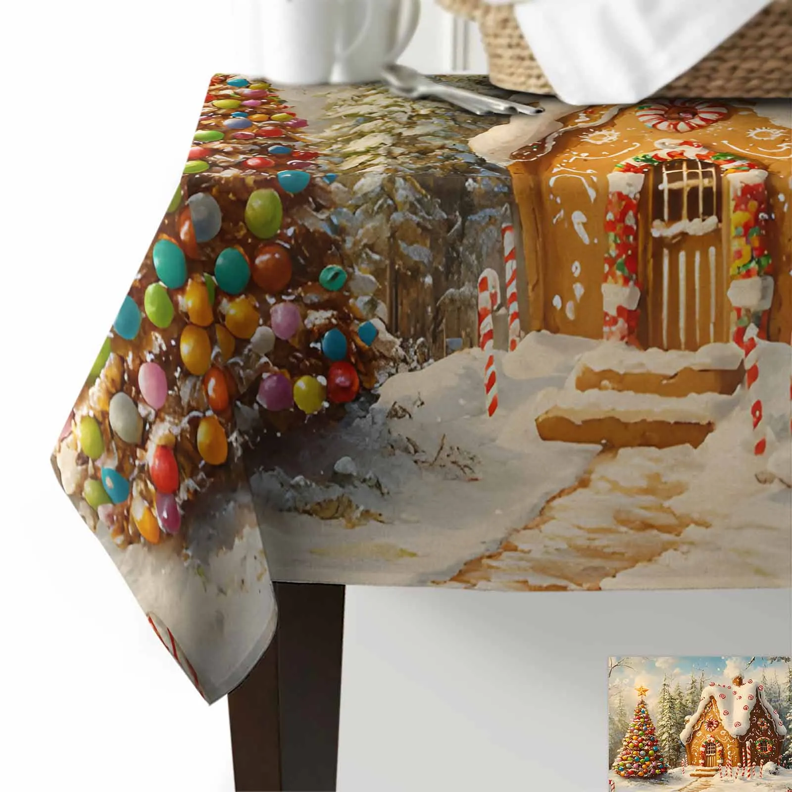 Christmas Tree Gingerbread House Fairy Tale Tablecloths Waterproof Kitchen Coffee Table For Living Room Home Decor Dining Table image 3