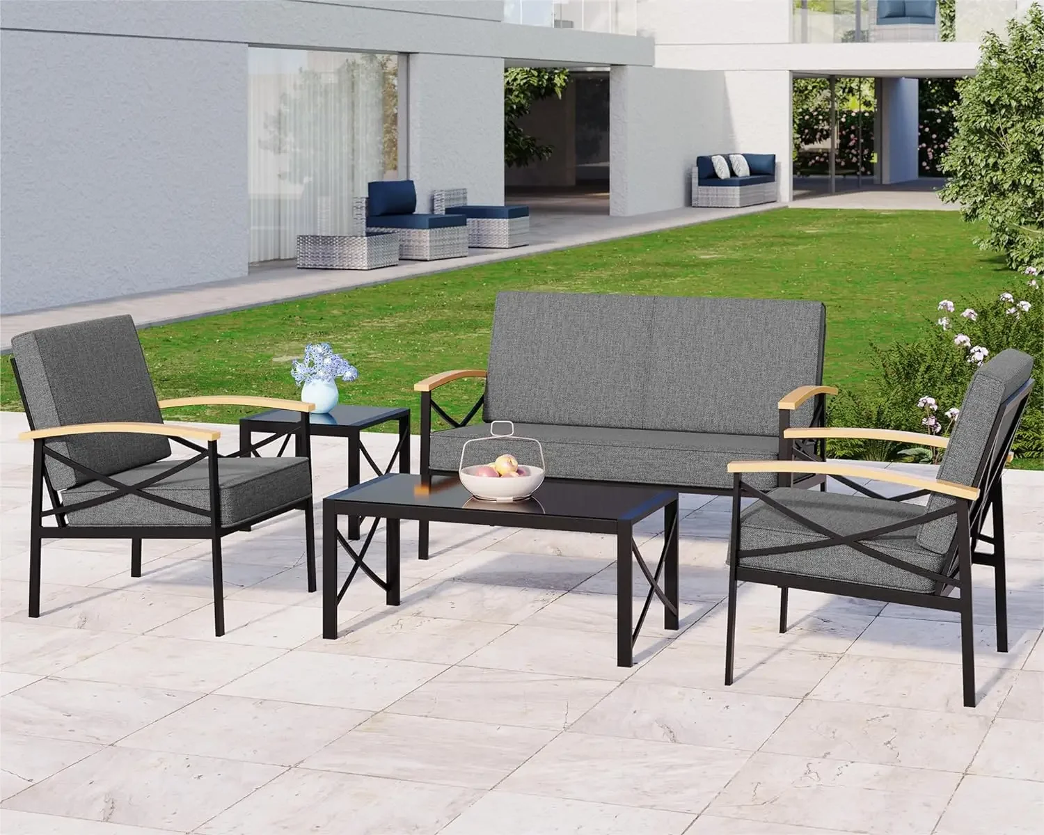 

Outdoor Metal Patio Furniture Set 5 Piece, Wrought Iron Patio Furniture Set, Outdoor Conversation Sets with Coffee Table