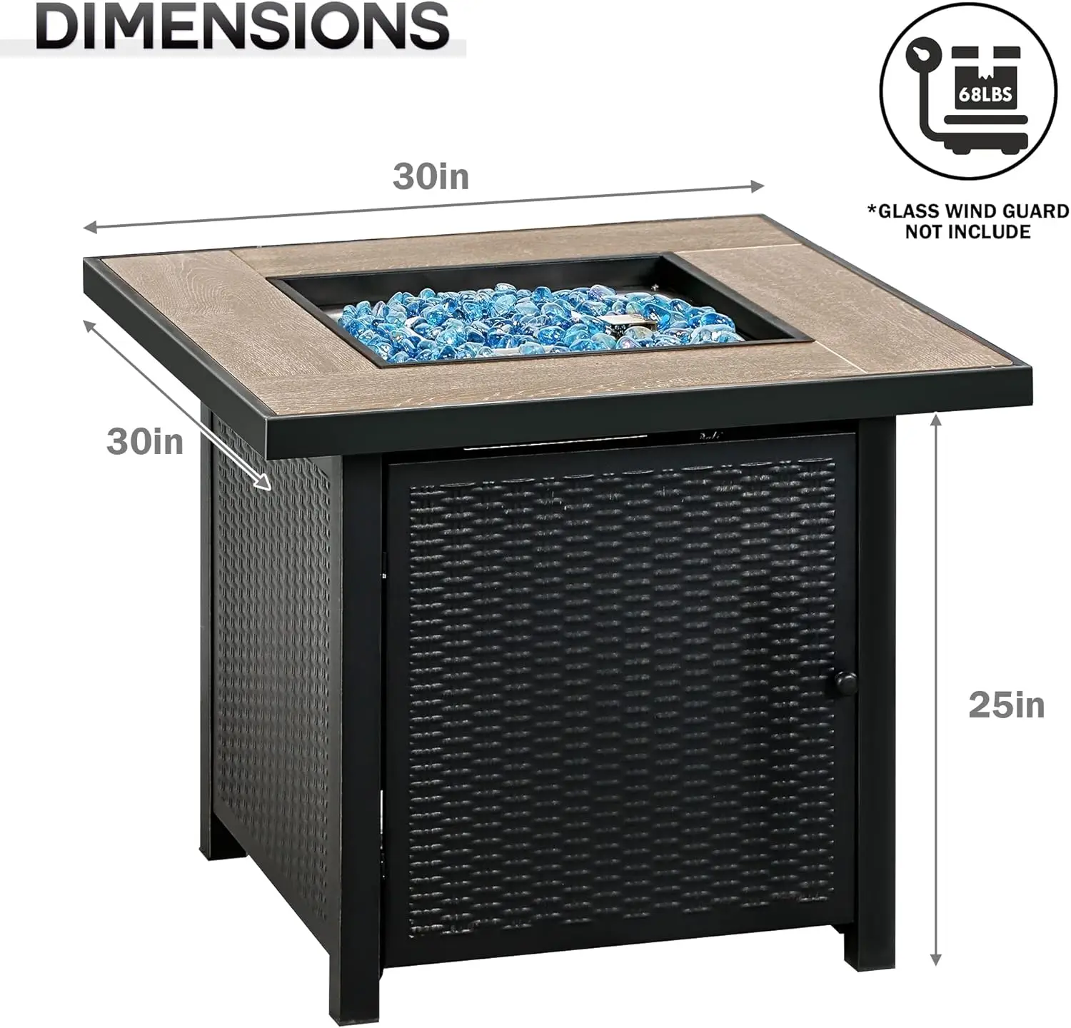 Propane Gas Fire Pit Table, 30 inch 50,000 BTU Square Gas Firepits with Fire Glass for Outside