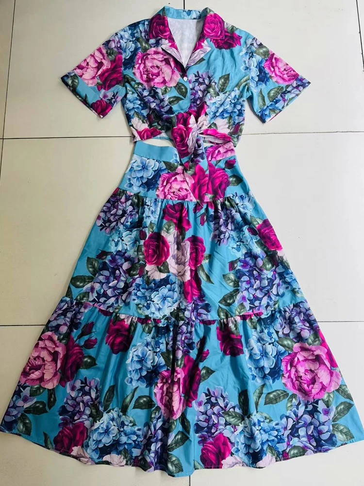 Retro zomer nieuwe mode print rok revers single-breasted kort shirt + hoge taille Een rok elegant tweedelig damespak