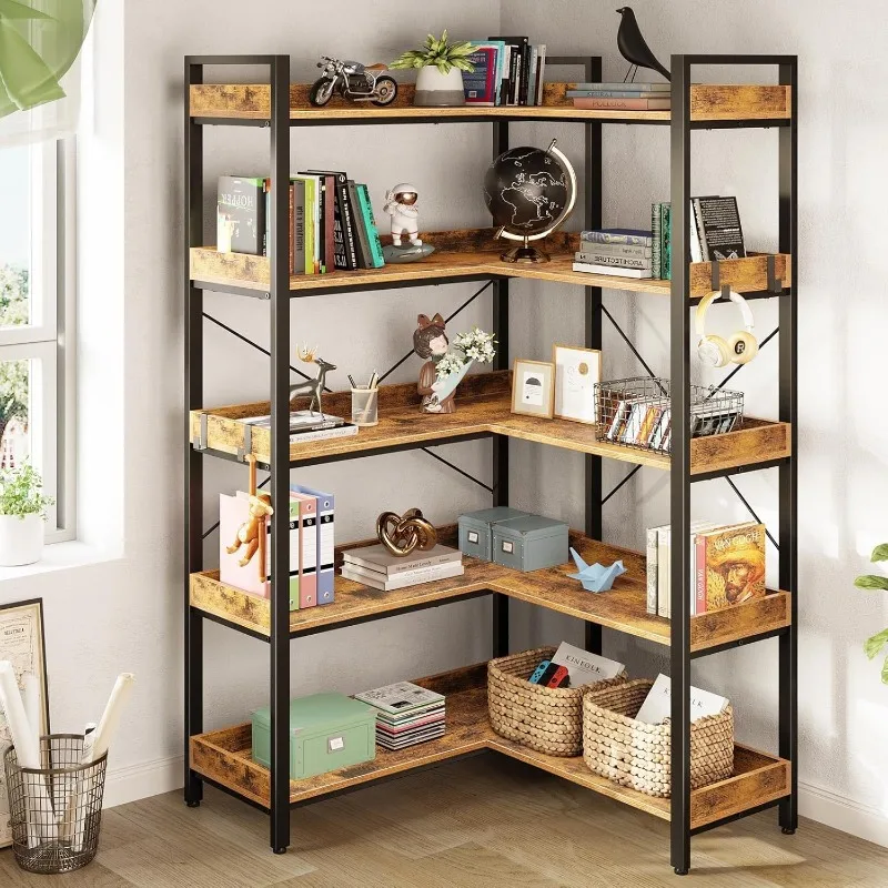 Bookcase 5 levels, 4 hooks, reversible corner bookcase, 65 