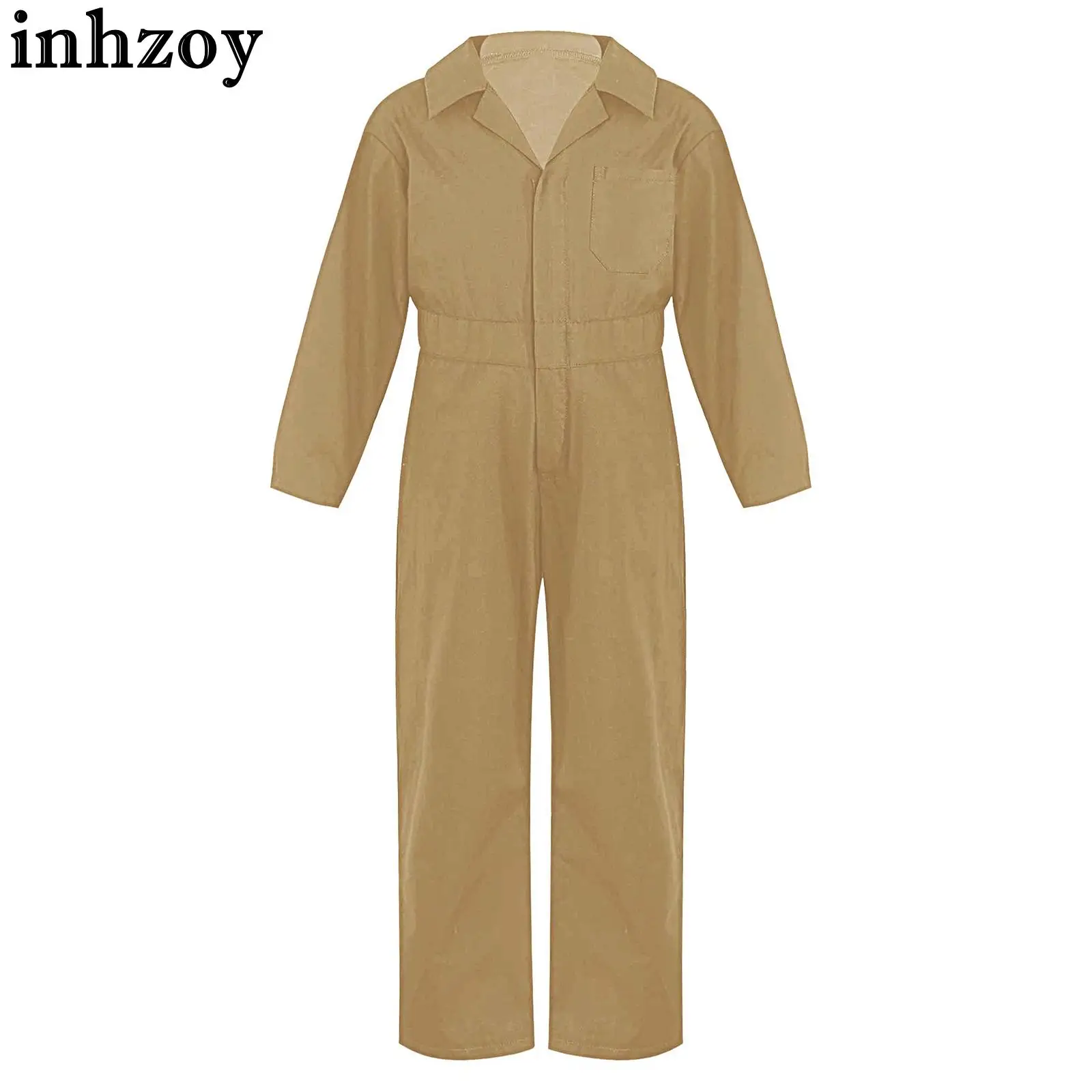 Kids Boys Halloween Mechanic Cosplay Costume Flight Suit Coverall Long Sleeve Turndown Collar Zipper Front Solid Color Jumpsuit