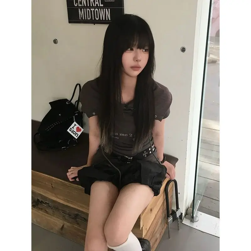 Kimotimo American Retro Letter Print Short Sleeve T-shirt Women Big Lapel Drawstring Slim Waist Tops Y2k Aesthetic Harajuku Tees