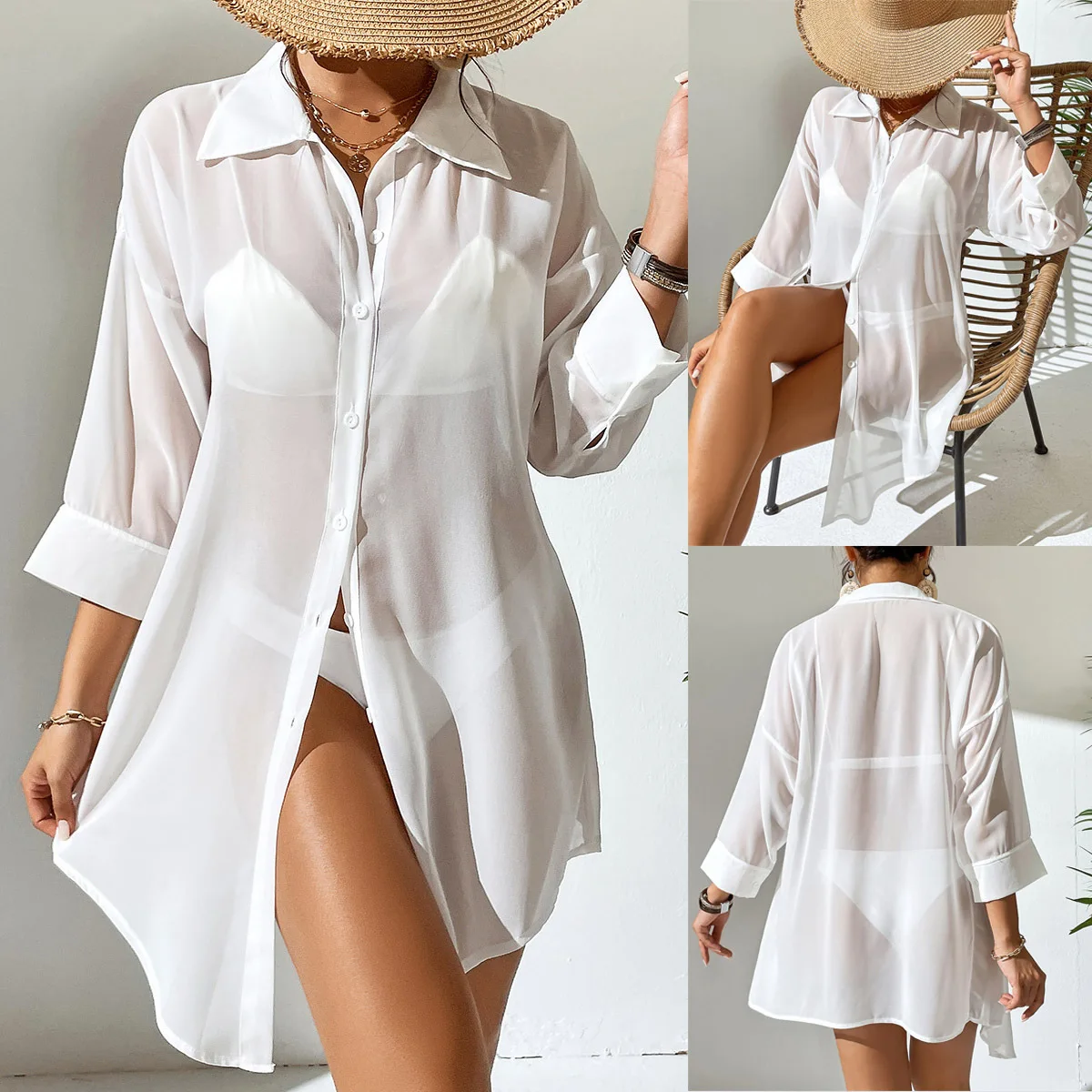 Vestido de praia para mulheres, camisa de chiffon cor sólida, top de encobrimento, sexy, férias, praia, primavera/verão