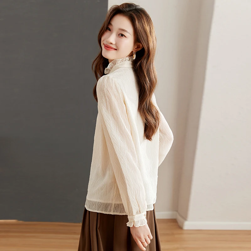 

Women's Shirt Elegant Office Solid Color Long Sleeve Ladies Top Fashion Ruffles Stand Collar Single Breasted Causal Simple Shirt