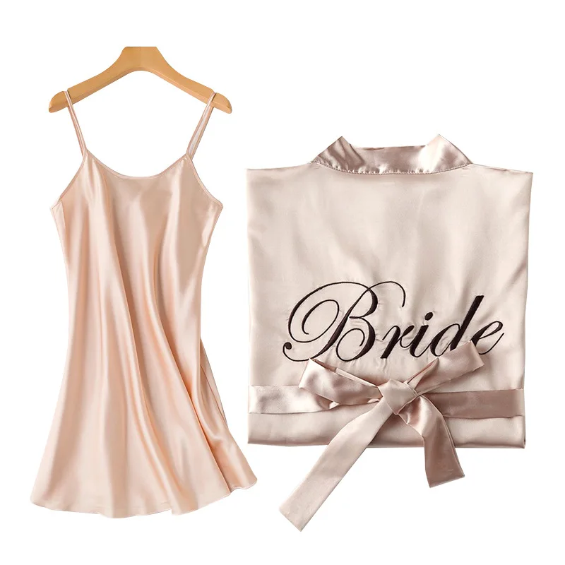 

Bride Bridesmaid Robe with Letters Sling Cami Dress Mother Sister of the Bride Wedding Gift Bathrobe Kimono Satin Robes
