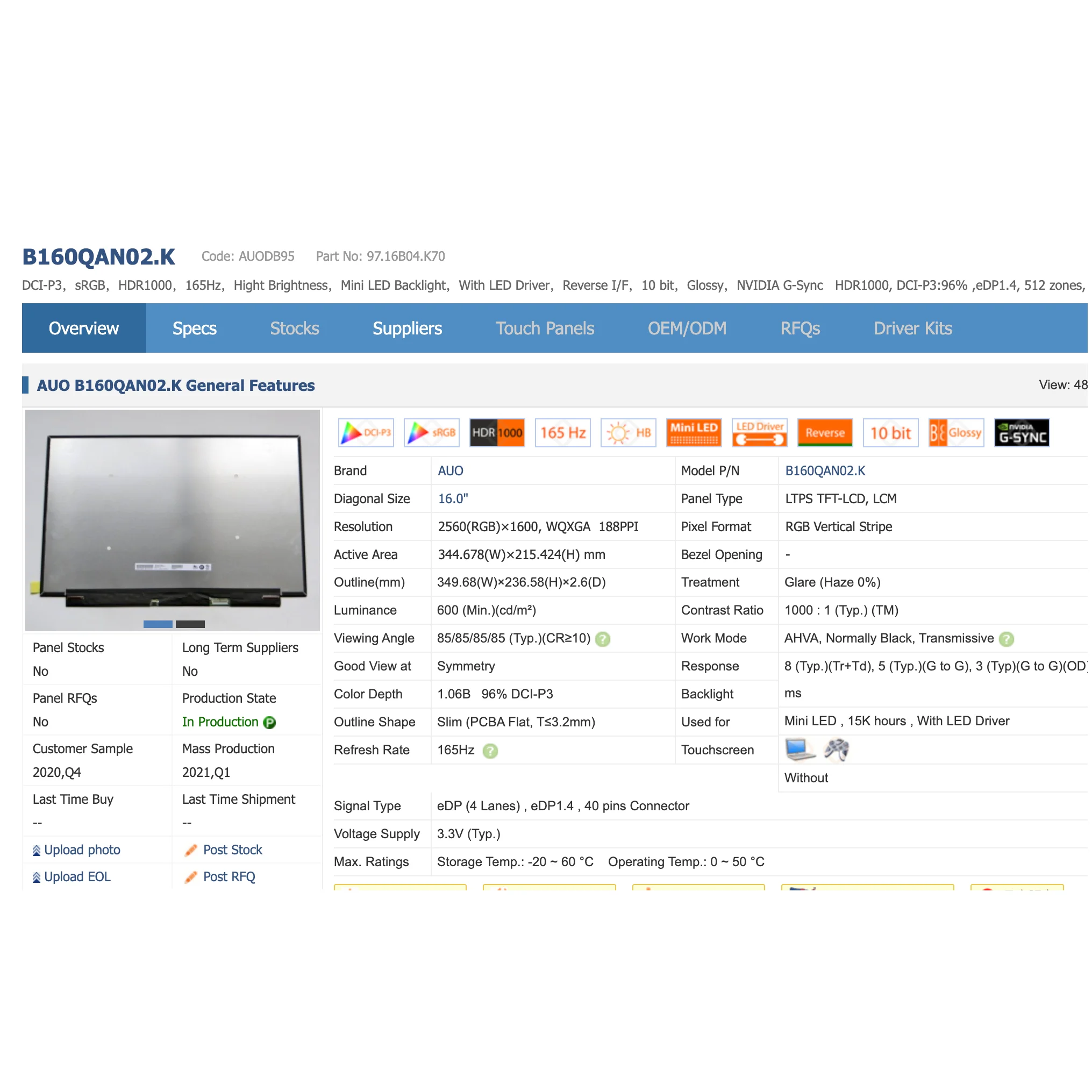 

B160QAN02.K Display Panel Matrix Replacement 2560x1600 96% DCI-P3 Mini LED eDP 40 Pins Non-Touch 16 Inch 165Hz Laptop LCD Screen