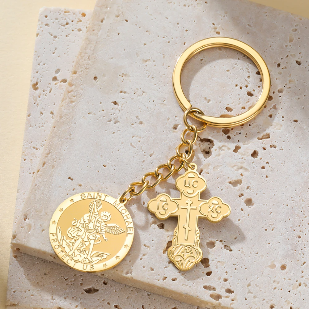 Dawapara Orthodoxes Kreuz und Heiliger Michael Anhänger Schlüsselanhänger Religiöses Gebet Erzengel Christlicher Talisman Edelstahl Schlüsselring – Detail 11