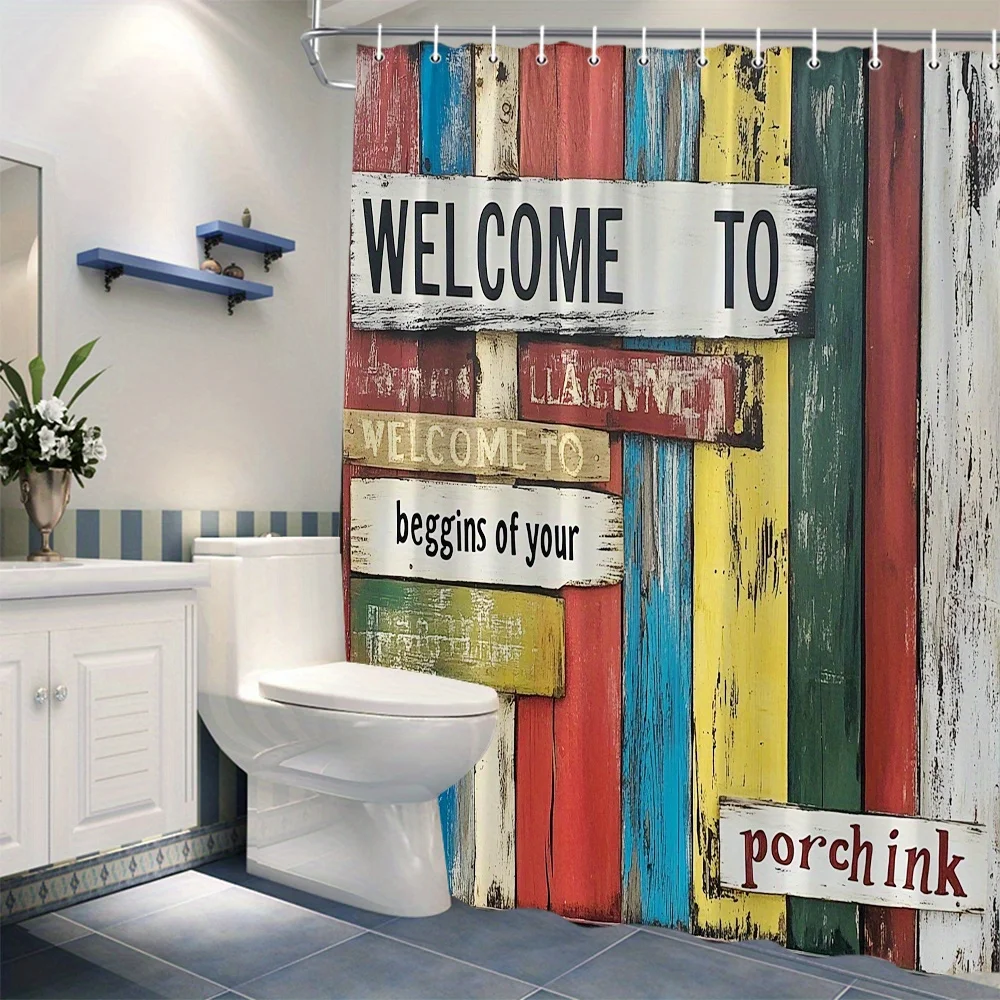1PC Rustic Welcome Sign Shower Curtain – 'WELCOME TO' in Black, Custom Text in Red, 2D Print, 70