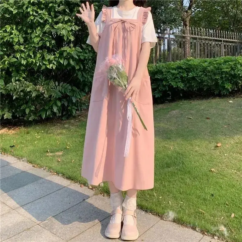 Robe japonaise d'été pour femmes, robe à bretelles avec t-shirt, décontractée, Vintage, élégante, Style Preppy coréen, mi-longue, nouvelle collection 2022