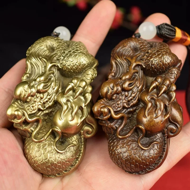 Solid Brass Hand Piece Vintage Carved Loong Figurine Feng Shui Lucky Collectible Ornament Desktop Decor Men Gift Hanging Pendant