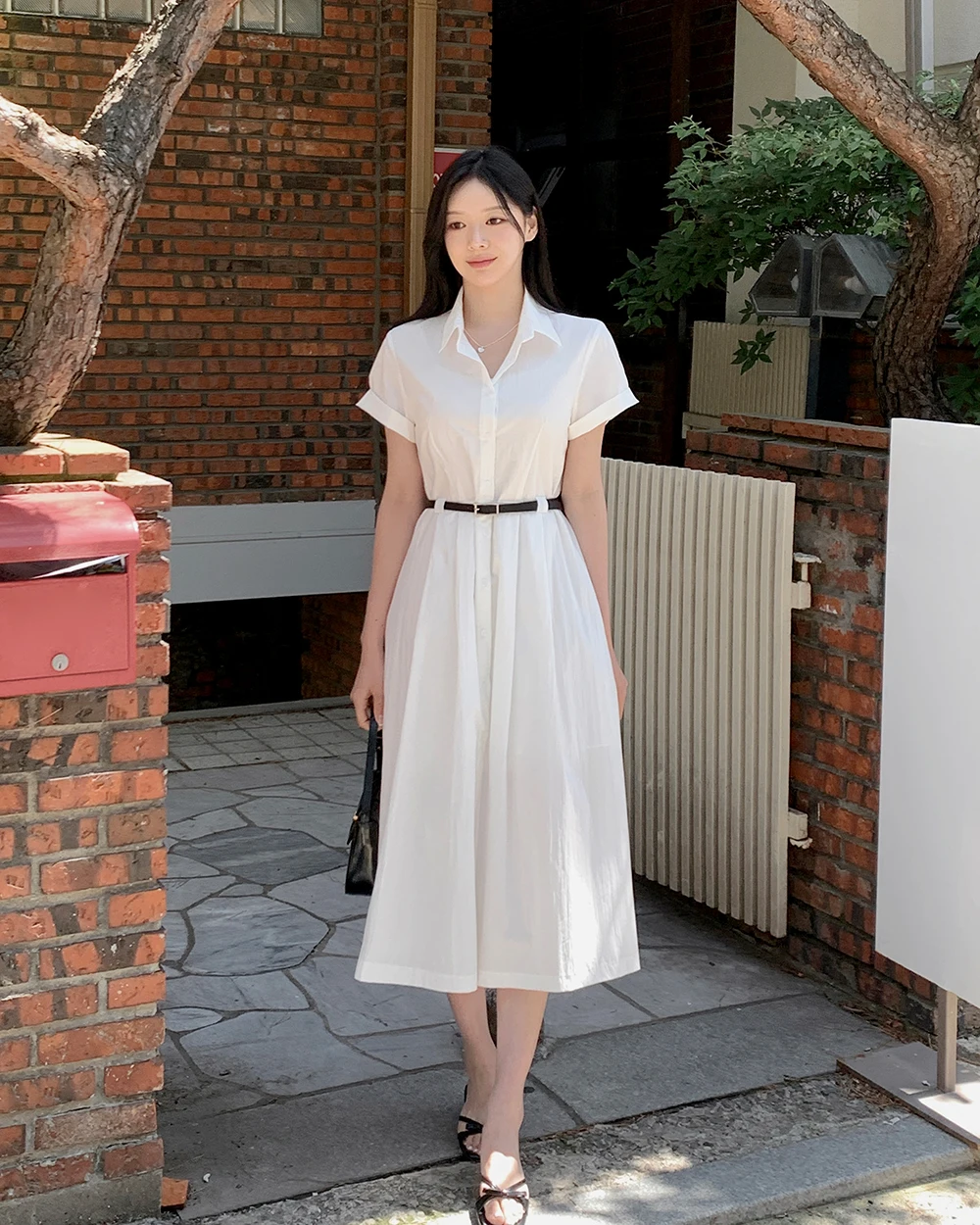 Chic White Short Sleeve Women Shirt Dress Summer Turn Down Collar A-Line Casual Dress Simple French Style Simple-breasted Dress