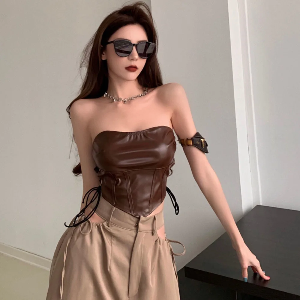 Top da donna senza spalline Canottiera da donna sexy in pelle PU solida da donna Canottiera sexy senza schienale skinny con spalle scoperte Top corto senza maniche