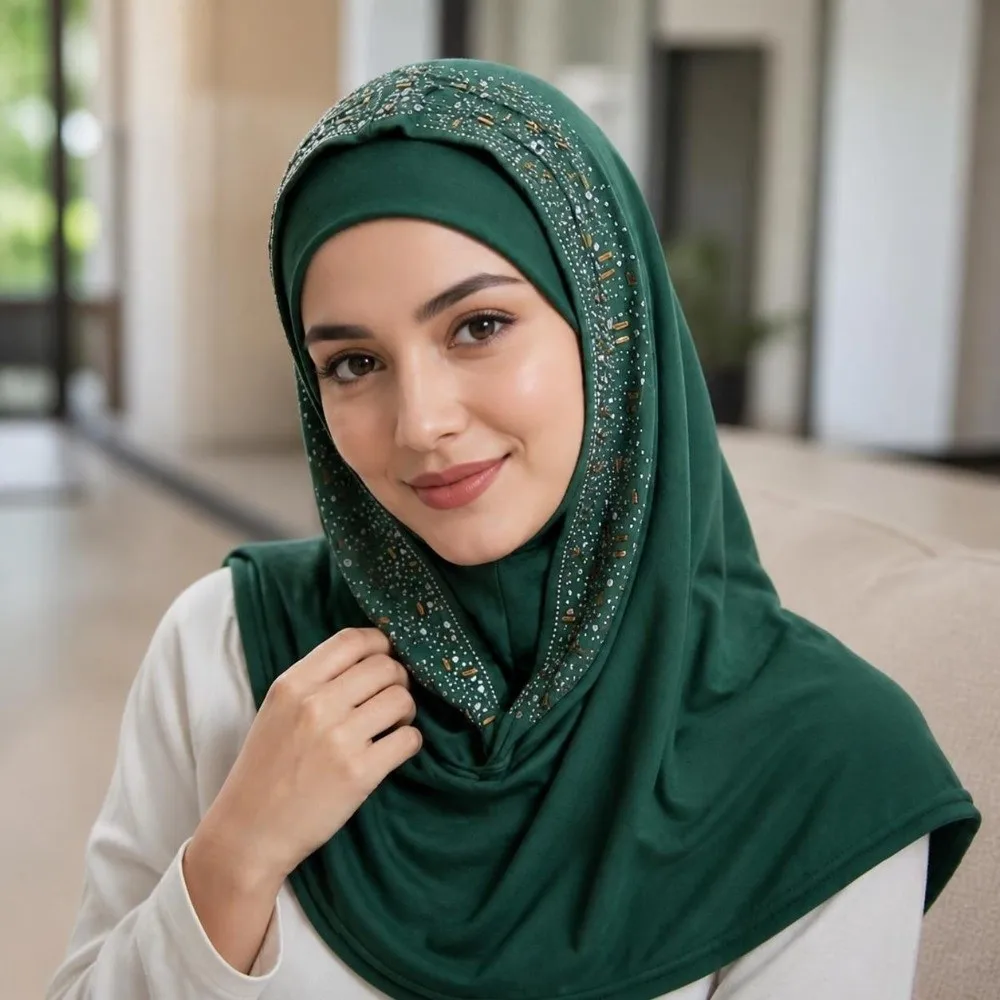 Fashion Rhinestone Decor Instant Hijab Cap Stretchable Soft Elastic Pull on Hijab Breathable Easy Wear Head Wrap Hat Daily Wear