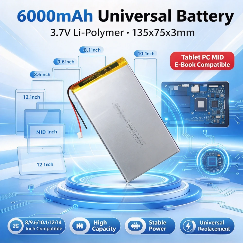 3.7V 6000mAh High Capacity Li-Polymer Battery Universal Replacement for 8 9.6 10.1 12 14 Inch Tablet PC MID E-Book 135x75x3mm