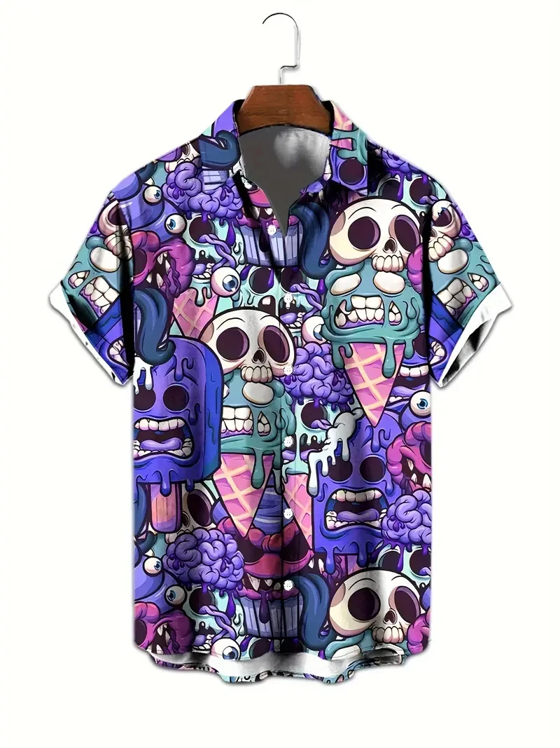 2025 News Hawaiian Horror Skull Ice Cream Men's Shirt Floral 3D Print Lapel Single Button Halloween Beach Tops Unisex Gifts
