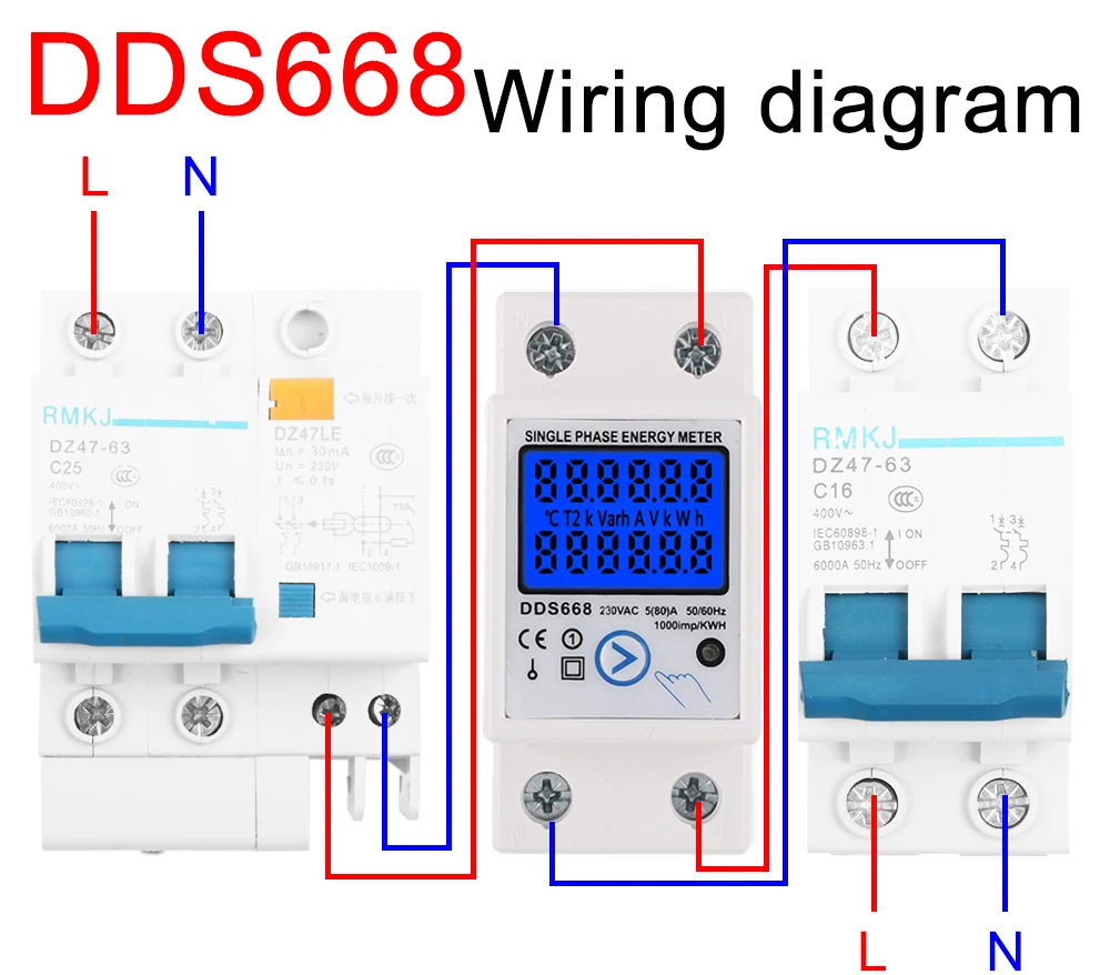 Electric Energy Meter 2P Single Phase LCD Digital Display DIN Rail Mounting 2wire Electric Meter Wattmeter Power kWh AC230V 60Hz