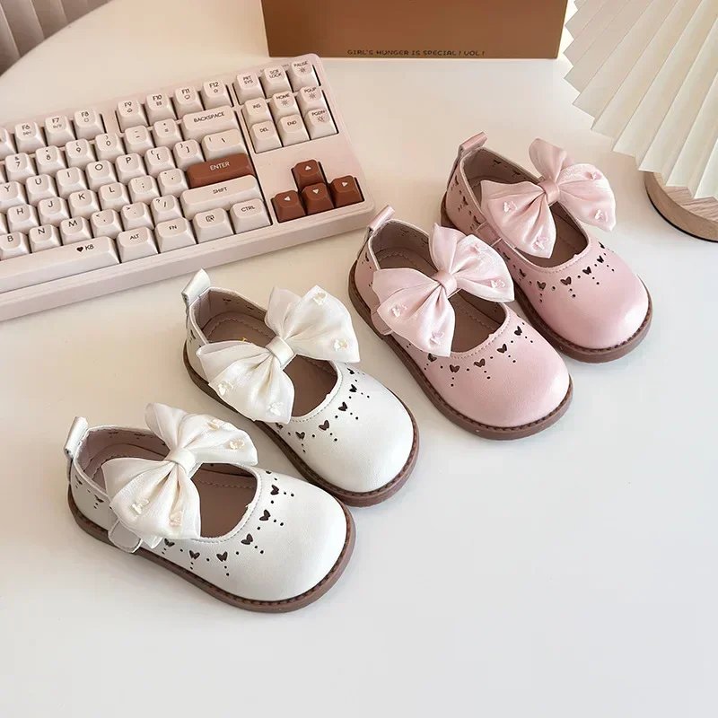 

Children Spring Autumn Hollow Bow Girls Fashion Bow PU Leather Shoes Princess School Student Flats Loafer