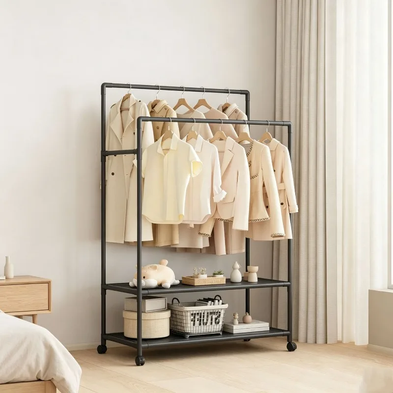 Simple coat rack Mobile double-layer floor-to-ceiling hanger Multifunctional household bedroom storage integrated rack Balcony