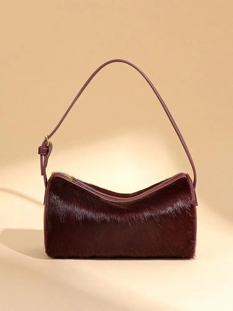 

Light Luxury Fashion Leopard Print Real Horsehair Fur Fur Personalized High-end Feeling Round Barrel Shaped Single Shoulder Bags