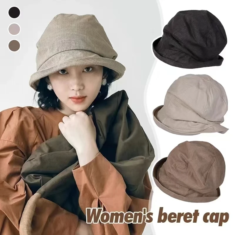 Women's Small Brim Summer UV Resistant Breathable Linen Basin Hat Japanese Design Organic Cotton Pleated Fisherman Cap