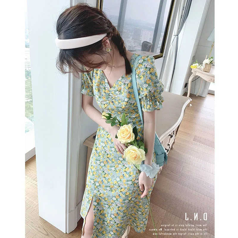 Francês retro quadrado pescoço chá resto saia chiffon floral doce vestido 2025 primavera