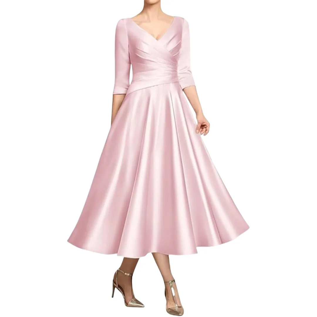 

Mother of The Bride Dresses Tea Length Satin Formal Dress Wedding Guest Evening Gowns V Neck Seven Quarter Sleeve Ball Gown