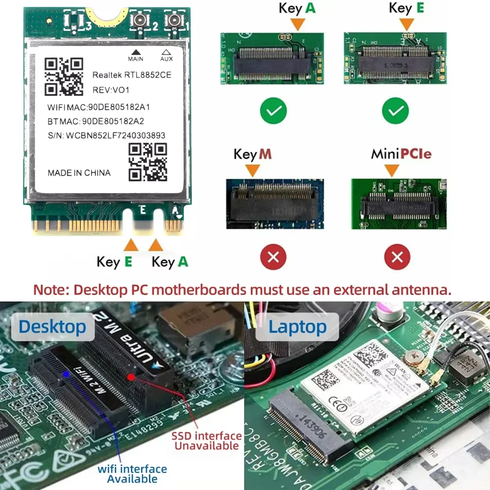 WiFi 6E RTL8852CE M.2 NGFF محول لاسلكي بلوتوث 5.3 5374Mbps 2.4G/5G/6 جيجا هرتز 802.11AX لسطح المكتب/الكمبيوتر المحمول لـ Win10/11