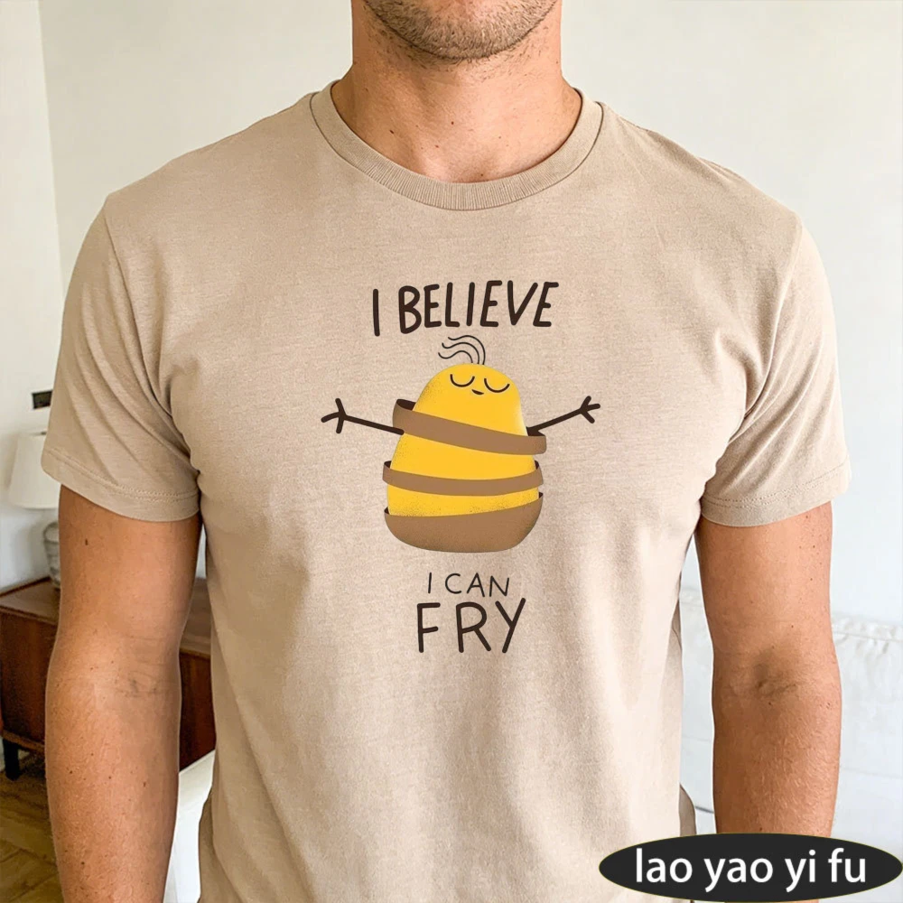 I Believe I Can Fry Cartoon Pancake Stack Graphic Men Summer T Shirt Funny Breakfast Food Casual Short Sleeve Tee