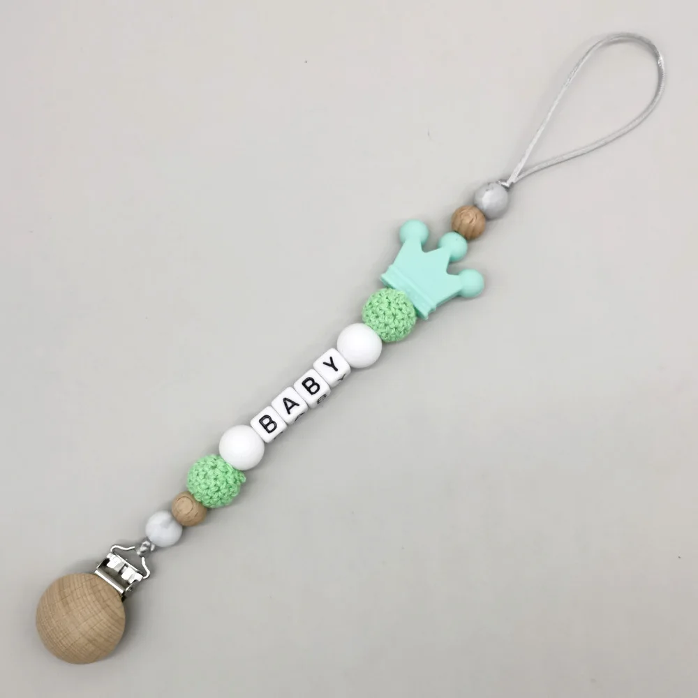 シリコンクラウンおしゃぶりチェーン BPAフリー ベビーおしゃぶりホルダー ラウンドクロシェビーズ付き - 幼児用ソフト歯固めおもちゃ