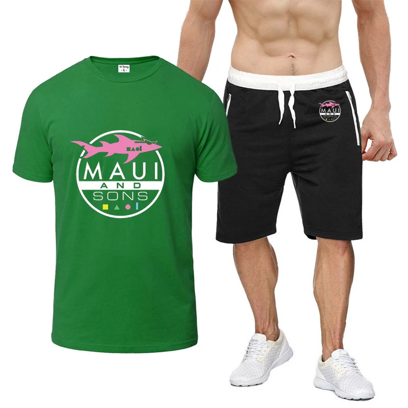 

Maui And Sons Shark Summer Men Sets New Quick Dry Breathable Gym Training Short Sleeve Tops+Daily Leisure Half Pants Suit