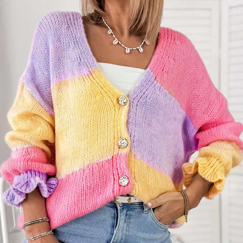 

Leisure Contrast Color Long Sleeve Knit Cardigans Sexy V-neck Loose Women Commute Jumpers Autumn Winter New Single Breasted Coat