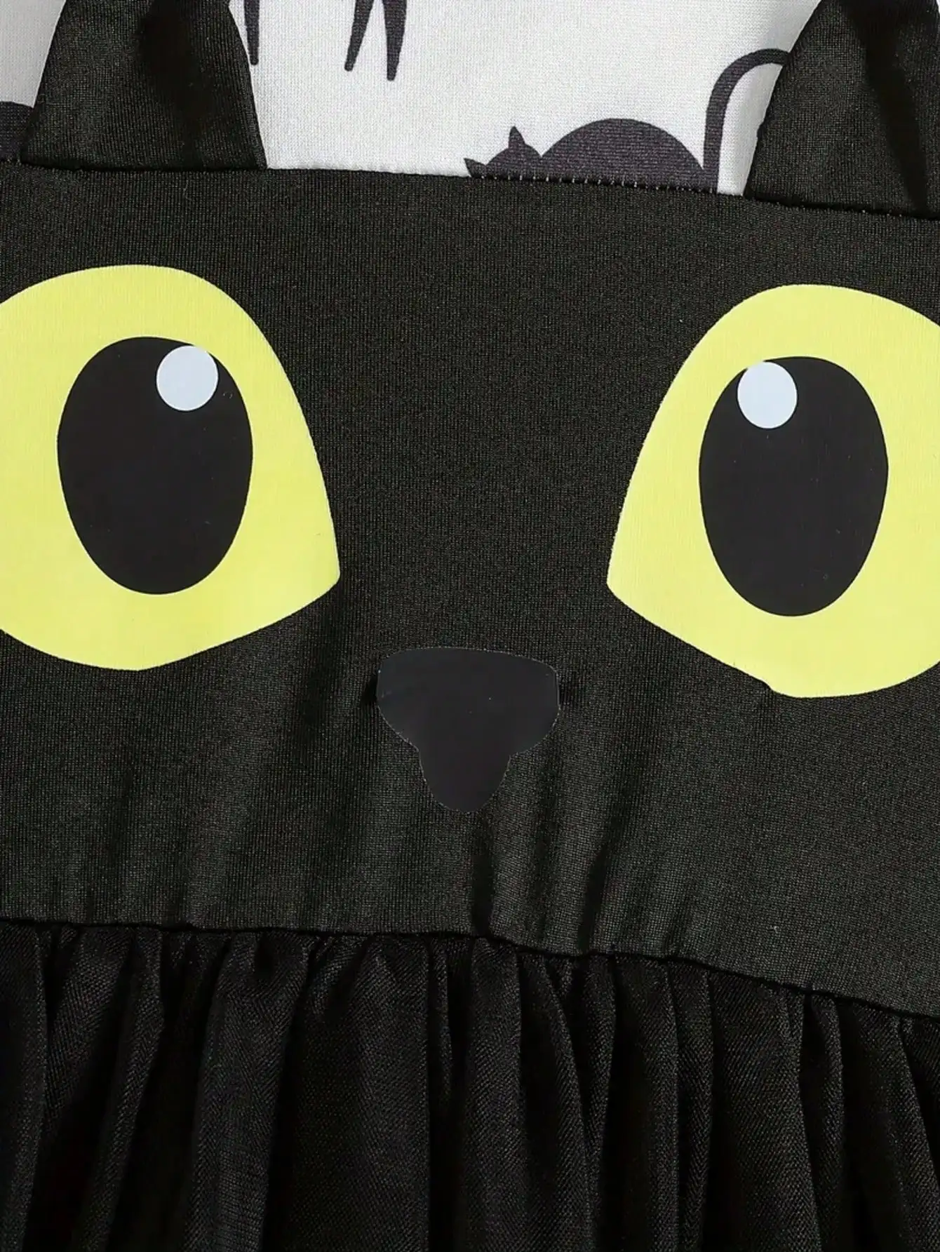 Kinderkleid mit Katzenmuster, Rüschenkragen, langen Ärmeln, Rundhalsausschnitt, Rautenmuster, Netzstoff, mittellanger Rock für Kinder – Detail 6