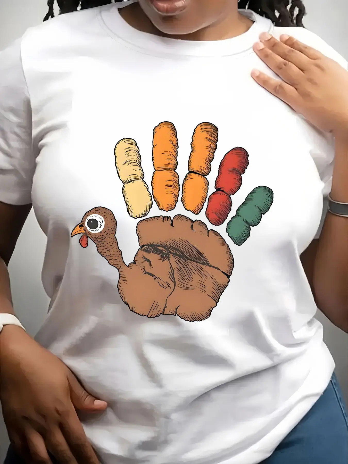 Women's Trendy Crew Neck T-Shirt Handprint Turkey Design Print Suitable for Casual Sportswear