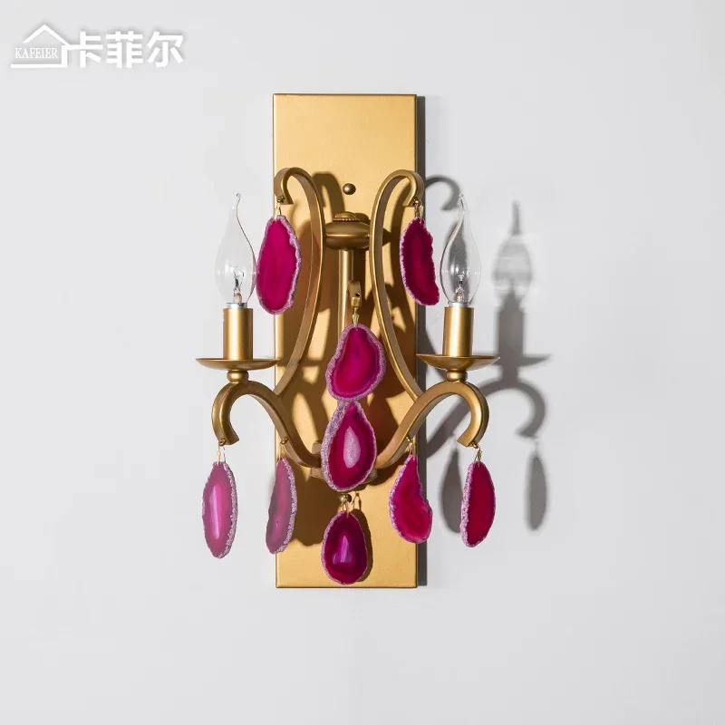 Romantic Pink Agate LED Wall Lamp Vintage Gold Antique Sconce for Bedroom Hallway Nordic Loft Decor