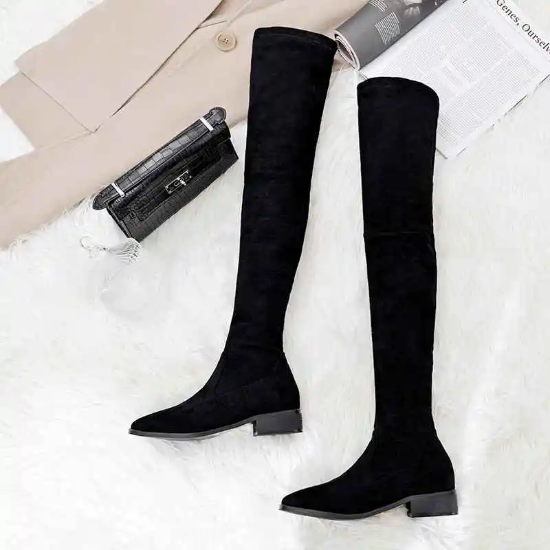 Krazing Pot 2025 Big Size 42 Cow Leather Flock Round Toe Stretch Over-the-knee Boots Thick Heels Solid Thin Leg Thigh High Boots