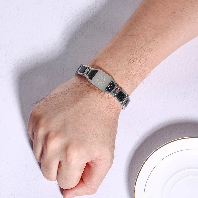 Carbon Fiber Magnetic Bracelet for Men Knights Templar Shield Cross Stainless Steel Bio Energy Therapy Male Pulseira