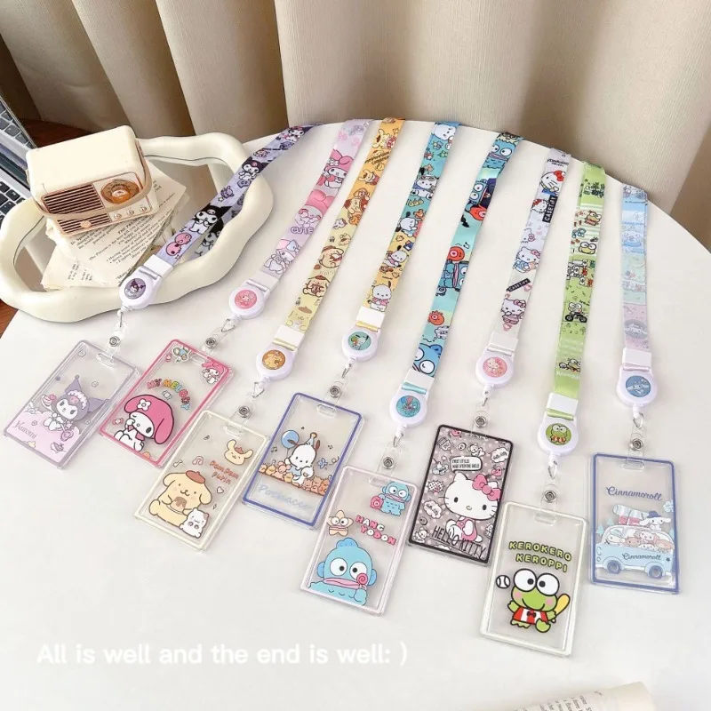 

Anime Sanrio Hello Kitty Lanyard Transparent ID Card Holder Bus Subway Access Work Permit Card Neck Strap Hang Rope Lariat Gifts