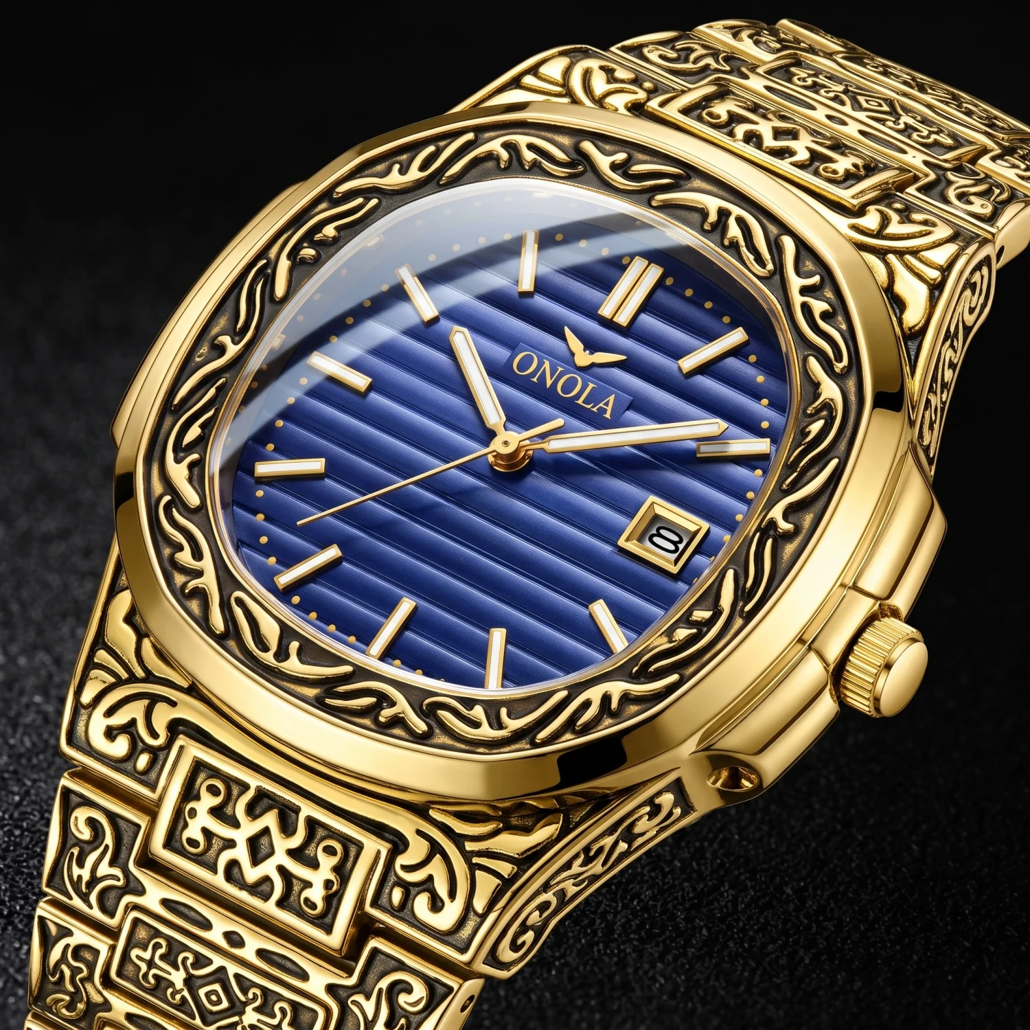 ONOLA Men's Quartz Watch Retro Carved Case Striped Dial Date Display Alloy Strap Fashionable Business Men's Watch