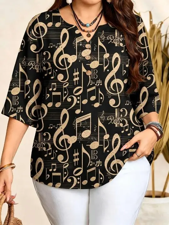 Women Retro Musical Note Staff Print Blouse Notched Neck 3/4 Sleeve Loose Fit For Curvy Figures Daily Casual Tops